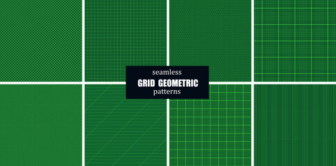 Collection of vector seamless geometric digital patterns. Grid squared and striped textures. Green bright minimalistic network technology backgrounds