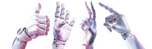  Collection Of Different Hand Gestures - White Cyborg Robotic Hand Pointing His Finger, Like, Peace - 3D Rendering Isolated On Free PNG Background.