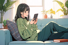 Anime-style Illustration Of A Young Woman Looking At A Smartphone On The Sofa