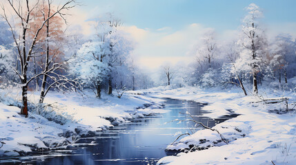 Wall Mural - Feeling blue, blue winter snowy landscape, blue monday, Bright color. Generative Ai