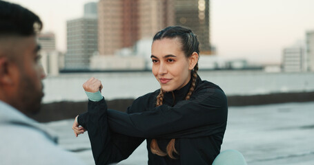 Sticker - Fitness, personal trainer and stretching on rooftop in city for exercise, sport or outdoor workout. Woman and man coaching in sports practice, body warmup or cardio together in an urban town