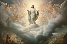 Jesus Christ in heaven surrounded by bright light and angels and saved souls for all eternity