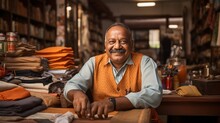 Happy Indian Cloth Merchant Or Clothing Store Owner Sitting In Shop Looking At Camera