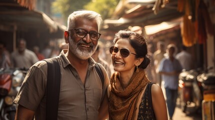 Happy Indian couple walking in a local Indian market