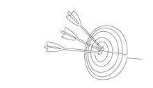 Continuous Line Drawing Of Target With Arrows. Single Line Illustration Of Goal Circle With Three Arrows In Center, Shot Bullseye. Business Strategy Concept. Arrow In Target Pad. Vector Illustration