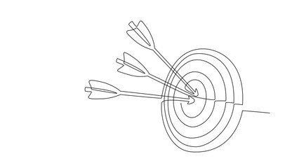Continuous line drawing of Target with arrows. Single line illustration of goal circle with three arrows in center, shot bullseye. Business strategy concept. Arrow in target pad. Vector illustration