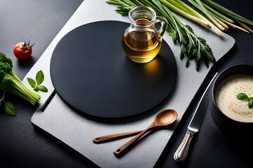 Culinary background with kitchen slate round board, olive oil in a jug and vegetables. Empty space for menu or recipe with selective focus