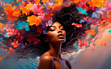 Beautiful illustration of a black woman with colorful flowers in her hair (Generative AI)