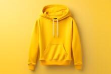 Yellow Color Hoodie Hanging. Blank Yellow Hoodie Suitable For Mockup. Bright Yellow Sweatshirt Against A Background. Yellow Hooded Sweatshirt Jacket On A Hanger. Illustration. AI Generative