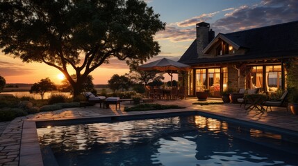 Luxury country house with swimming Pool and old farmhouse during sunset