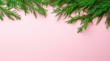  a branch of a pine tree on a pink background with copy space.  generative ai