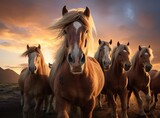 Fototapeta  - A group of galloping horses in the steppe