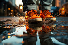 A Young Boy With Orange Sneakers Walking Over A Puddle Of Water In The Middle Of A City Generative AI Illustration