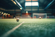 Soccer Ball on an indoor sport stadium with goal and empty field.