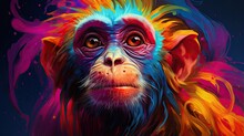  A Colorful Monkey With A Black Background And A Blue Background.  Generative Ai