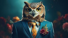  An Owl Dressed In A Suit And Tie With A Flower On His Lapel.  Generative Ai