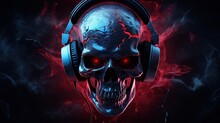  A Skull Wearing Headphones With Red Eyes And A Black Background.  Generative Ai