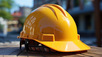 yellow helmet on construction site and excavator background on building construction