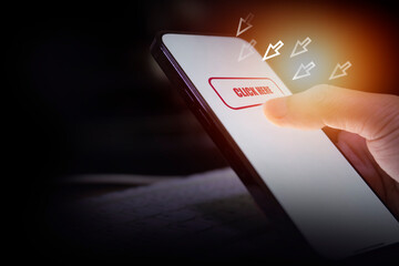 clickbait content , web click button, risk for scams, phishing sites and malware.  