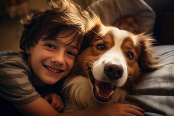 Young boy and his adorable dog puppy share a heartwarming hug indoors, symbolizing the beautiful friendship between children and their furry companions