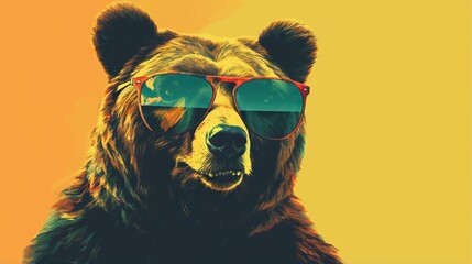  a bear with sunglasses on its head and a yellow background.  generative ai