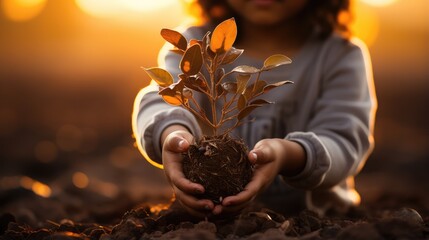 Child's hand holding small tree with sunset rays