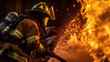 © Studio Nova - Portrait of a firefighter in equipment. Firemen using water from hose for fire fighting.