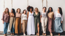 Group Of Women Pregnant With Different Body And Ethnicity Posing Together To Show The Woman Pregnant Power And Strength. Curvy And Skinny Kind Of Female Body Concept, Body Positive And Body Acceptance