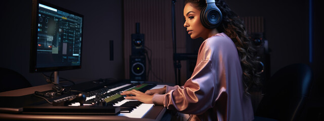 Wall Mural - Portrait of Female Audio Engineer Working in Music Recording Studio, Uses Mixing Board Create Modern Sound.