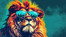  A Lion Wearing Sunglasses And A Hat With Trees In The Background.  Generative Ai