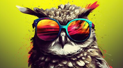 Wall Mural -  an owl with sunglasses on its head and a green background.  generative ai