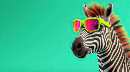 Poster -  a zebra with sunglasses on its head and a green background.  generative ai