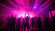 © Sasint - Team. A crowd of people in silhouette raises their hands on the dancefloor on neon light background. Night life, club, music, dance, motion, youth. Purple-pink colors and moving girls and boys.