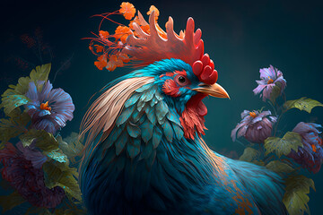 Wall Mural - A blue rooster with flowers. Generative AI