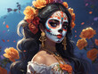 © Kalpesh - Portrait of a woman with mexican sugar skull makeup flower background