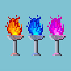 Wall Mural - Pixel art sets of torch with variation color items asset. halloween red,blue,and purple torch fire on pixelated style.8bits perfect for game asset or design asset element for your game design asset.