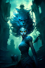 Wall Mural - A scary pale witch with blue hair and a castle in the background. Generative AI