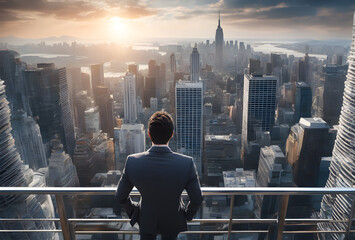 Rear view of businessman joy at success on the roof of a high-rise building in the midst of a big cityscape. businessman successful concept. AI Generative, illustration