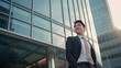 successful, confident Asian man standing optimistically in front of a corporate building