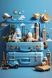 © HasibulAlam - suitcase full of landmarks and travel accessory on blue background 3D Rendering, Generative Ai