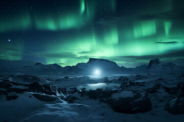 Wall Mural - generative ai collage image picture of amazing view north landscape with green aurora borealis light