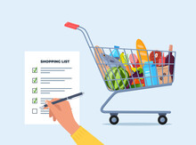 Grocery list for shopping in the store. Shopping list with marks. Shopping trolley full of food, fruit, products, grocery goods. Buying food in supermarket. Vector illustration.