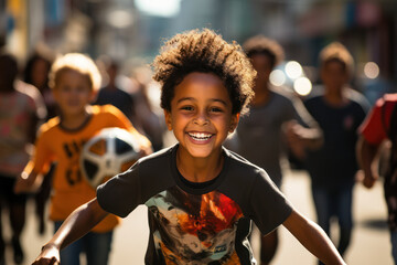 Canvas Print - Soccer Streets. Children playing soccer in narrow alleyways showcase the grassroots love for the sport in My Latin America. Generative Ai.