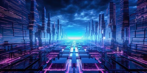 Metaverse city and matrix cyberpunk concept. Generative AI.