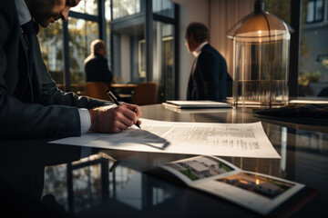 Canvas Print - A person reviews a legal contract with fellow co-buyers, emphasizing the importance of clear agreements in fractional real estate ownership. Generative Ai.