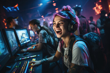 A group of gamers participating in a LAN (Local Area Network) party, enjoying multiplayer games together. Generative Ai.