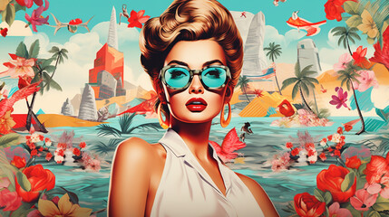 Wall Mural - colorful image of a blonde in light blue glasses and a white dress on the beach, retro style image, generated by AI