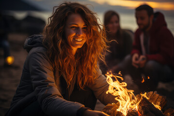 A group of friends enjoying a bonfire on the beach, with waves crashing nearby. Generative AI.