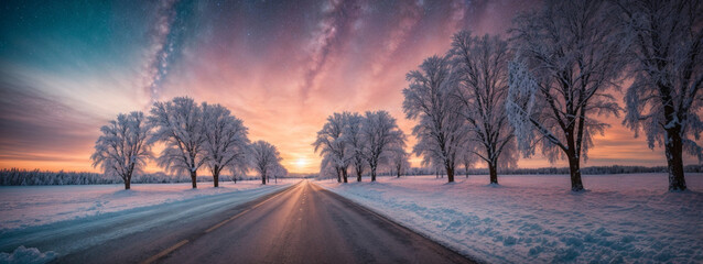 Wall Mural - road leading towards colorful sunrise between snow covered trees with epic milky way on the sky