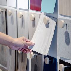 Wall Mural - Designer hand picking wood samples board from material swatch wall display in material library. Choosing wooden laminate texture in gray tone collection for interior architecture or furniture design
